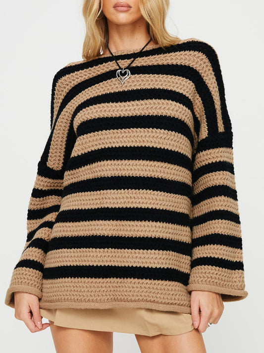 Blue Zone Planet | loose one-line collar striped long-sleeved knitted pullover sweater-TOPS / DRESSES-[Adult]-[Female]-Khaki-S-2022 Online Blue Zone Planet