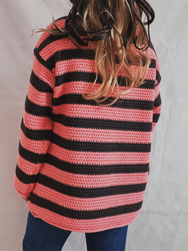 Blue Zone Planet | loose one-line collar striped long-sleeved knitted pullover sweater-TOPS / DRESSES-[Adult]-[Female]-2022 Online Blue Zone Planet