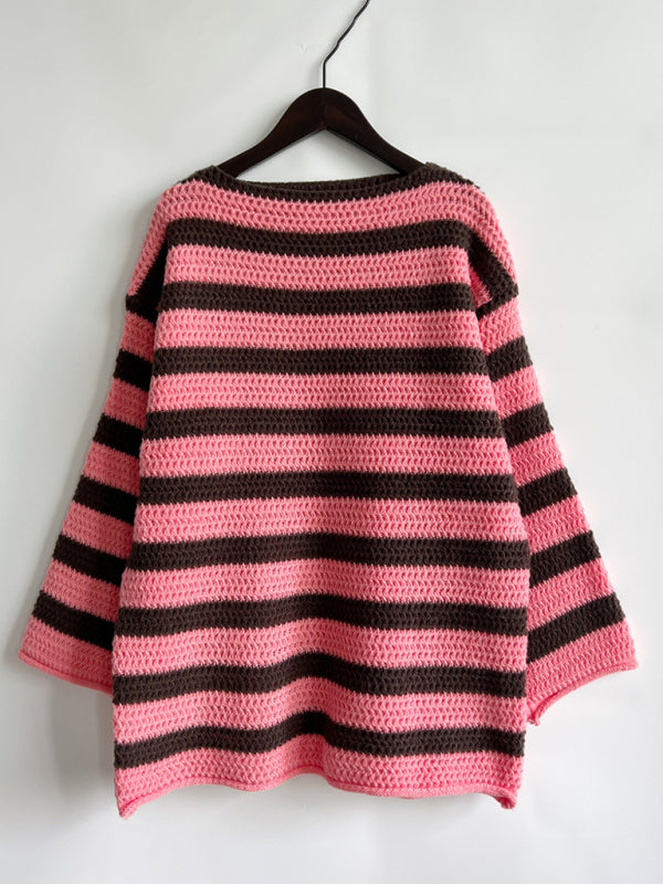 Blue Zone Planet | loose one-line collar striped long-sleeved knitted pullover sweater-TOPS / DRESSES-[Adult]-[Female]-2022 Online Blue Zone Planet