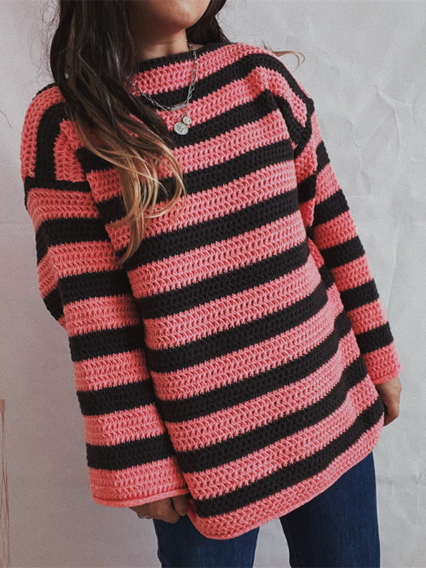 Blue Zone Planet | loose one-line collar striped long-sleeved knitted pullover sweater-TOPS / DRESSES-[Adult]-[Female]-2022 Online Blue Zone Planet