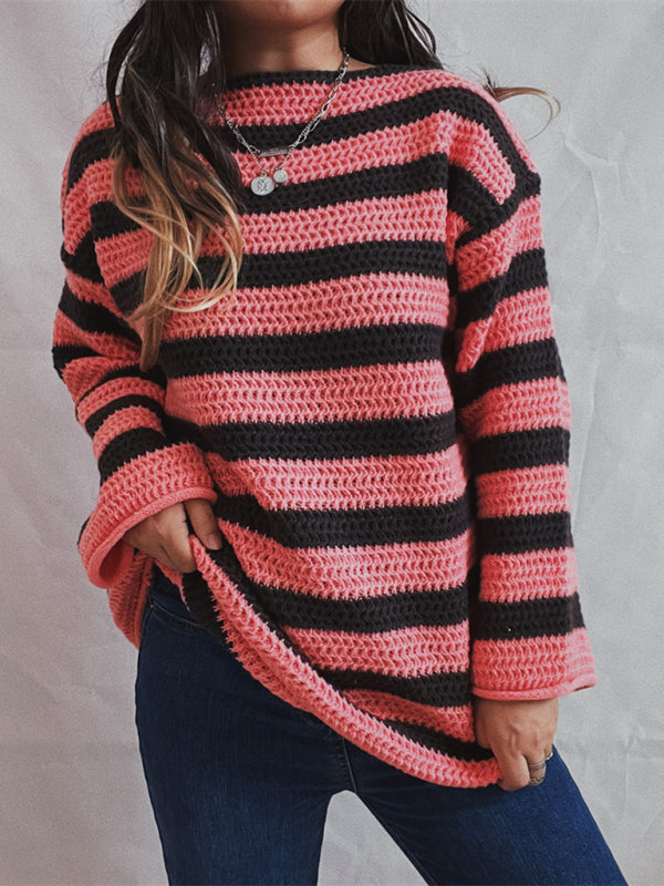 Blue Zone Planet | loose one-line collar striped long-sleeved knitted pullover sweater-TOPS / DRESSES-[Adult]-[Female]-Pink-S-2022 Online Blue Zone Planet