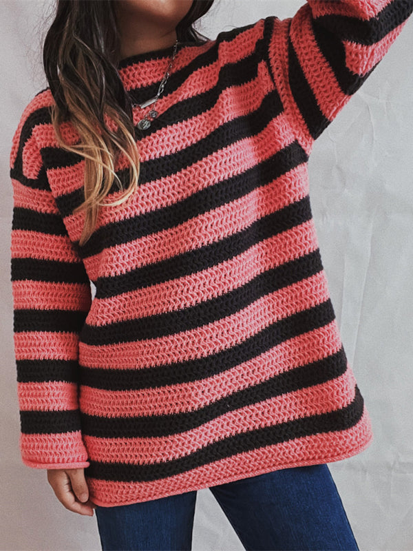 Blue Zone Planet | loose one-line collar striped long-sleeved knitted pullover sweater-TOPS / DRESSES-[Adult]-[Female]-2022 Online Blue Zone Planet