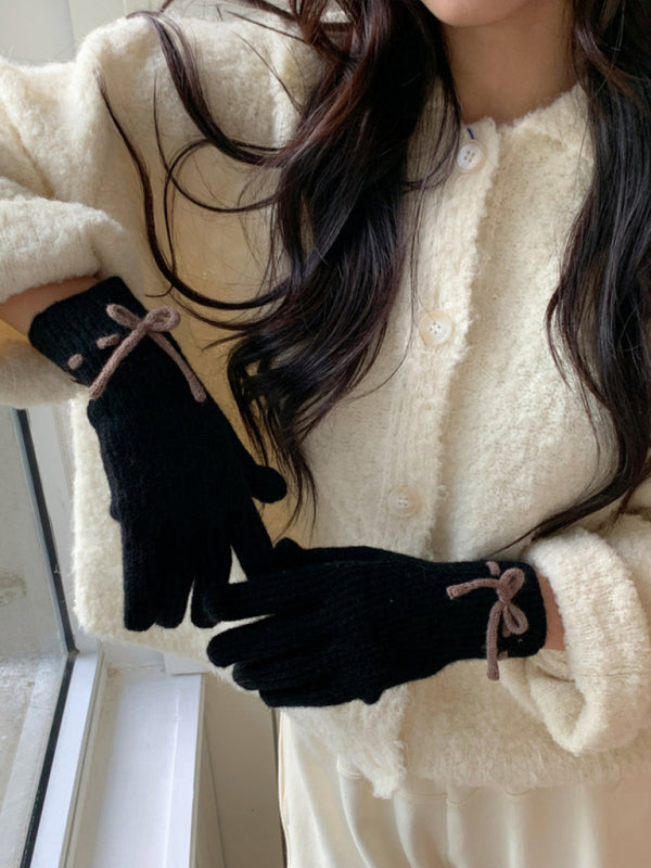 Anna's Bow-knot Knit Warm Fingerless Gloves-GLOVES-[Adult]-[Female]-Black-FREESIZE-2022 Online Blue Zone Planet