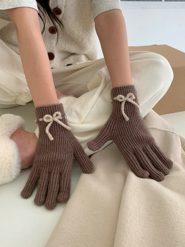 Anna's Bow-knot Knit Warm Fingerless Gloves-GLOVES-[Adult]-[Female]-Coffee-FREESIZE-2022 Online Blue Zone Planet