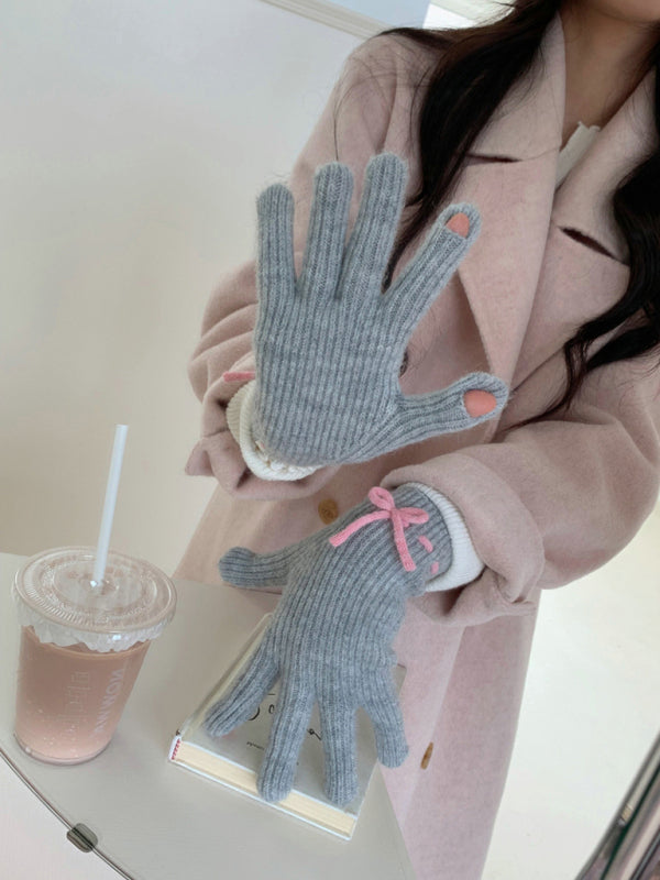 Anna's Bow-knot Knit Warm Fingerless Gloves-GLOVES-[Adult]-[Female]-Grey-FREESIZE-2022 Online Blue Zone Planet