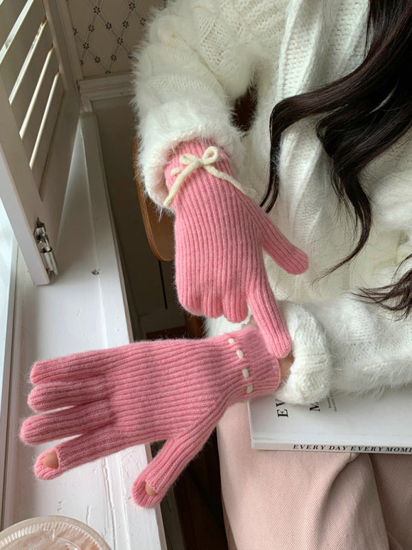 Anna's Bow-knot Knit Warm Fingerless Gloves-GLOVES-[Adult]-[Female]-2022 Online Blue Zone Planet