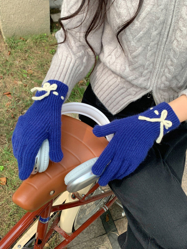 Anna's Bow-knot Knit Warm Fingerless Gloves-GLOVES-[Adult]-[Female]-Royal blue-FREESIZE-2022 Online Blue Zone Planet
