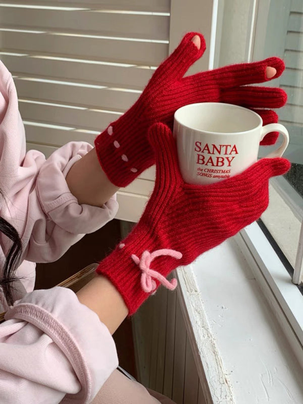 Anna's Bow-knot Knit Warm Fingerless Gloves-GLOVES-[Adult]-[Female]-Red-FREESIZE-2022 Online Blue Zone Planet