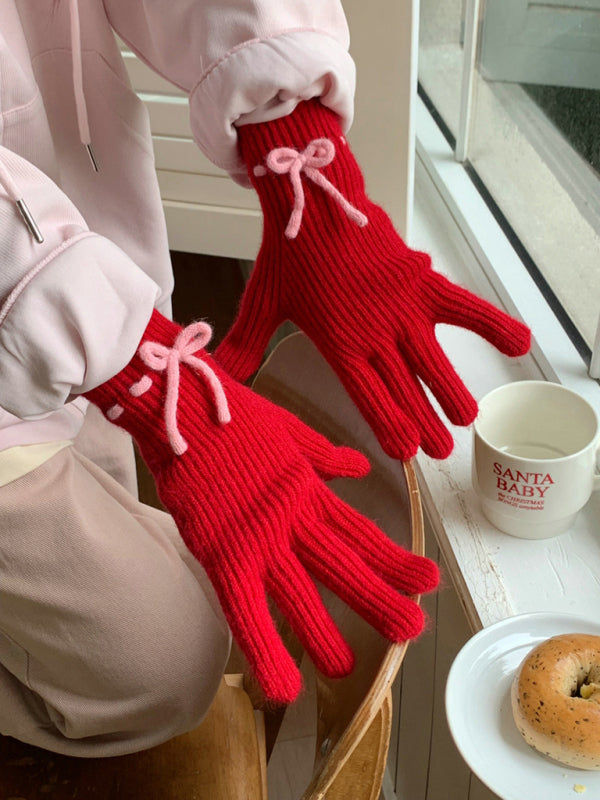 Anna's Bow-knot Knit Warm Fingerless Gloves-GLOVES-[Adult]-[Female]-2022 Online Blue Zone Planet