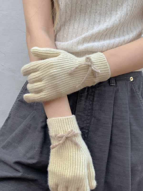 Anna's Bow-knot Knit Warm Fingerless Gloves-GLOVES-[Adult]-[Female]-White-FREESIZE-2022 Online Blue Zone Planet