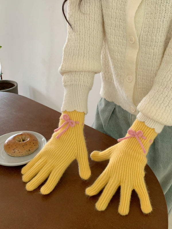 Anna's Bow-knot Knit Warm Fingerless Gloves-GLOVES-[Adult]-[Female]-Yellow-FREESIZE-2022 Online Blue Zone Planet