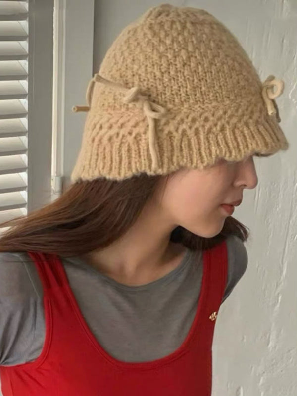 Warm and Cute Knitted Beanie with Matching Bow-BEANIES-[Adult]-[Female]-Khaki-FREESIZE-2022 Online Blue Zone Planet
