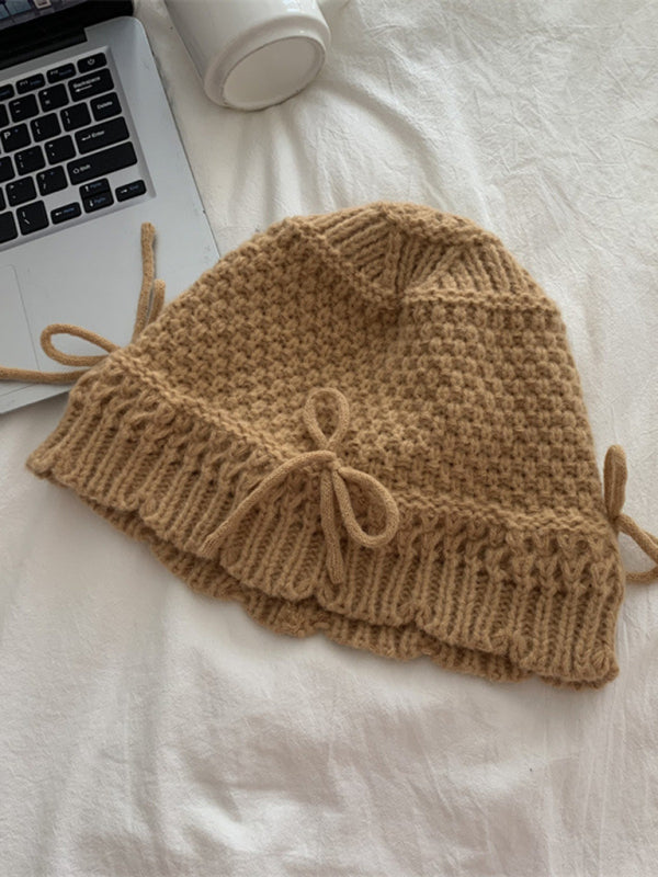 Warm and Cute Knitted Beanie with Matching Bow-BEANIES-[Adult]-[Female]-2022 Online Blue Zone Planet