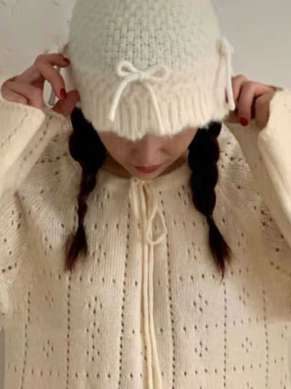 Warm and Cute Knitted Beanie with Matching Bow-BEANIES-[Adult]-[Female]-White-FREESIZE-2022 Online Blue Zone Planet