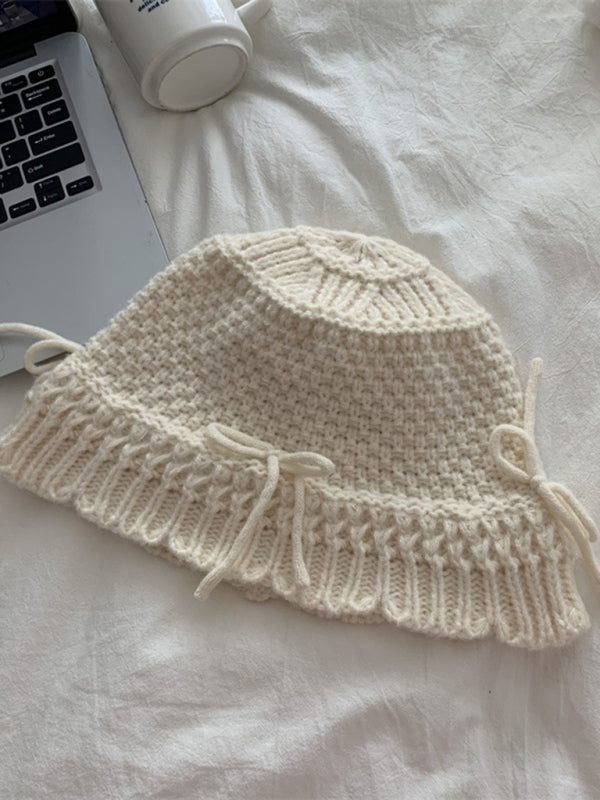 Warm and Cute Knitted Beanie with Matching Bow-BEANIES-[Adult]-[Female]-2022 Online Blue Zone Planet