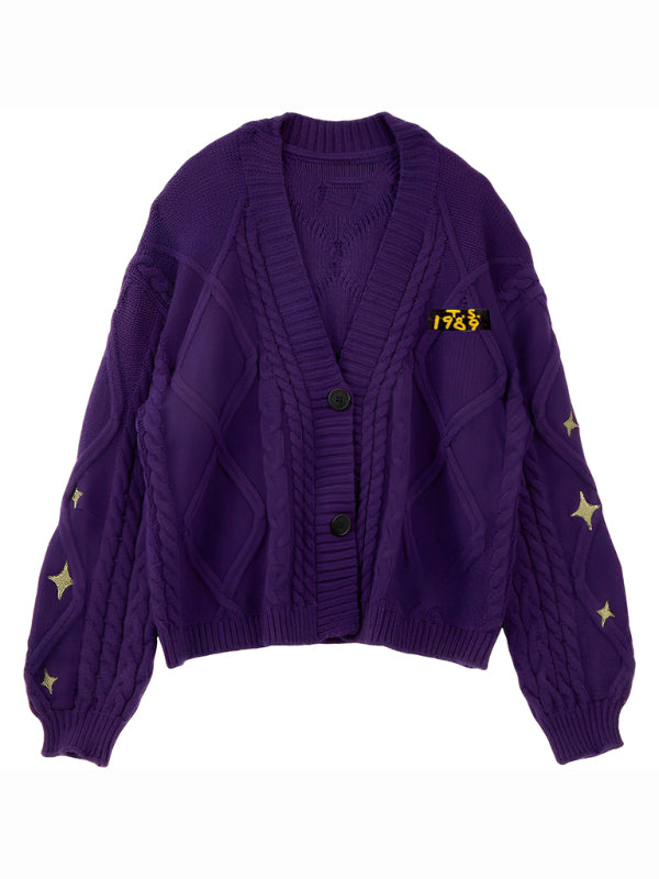 New embroidered bright color loose casual cardigan sweater-[Adult]-[Female]-Purple-S-2022 Online Blue Zone Planet