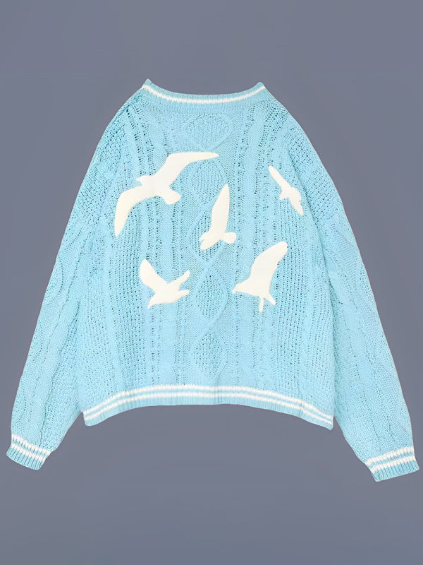 New embroidered bright color loose casual cardigan sweater-[Adult]-[Female]-2022 Online Blue Zone Planet