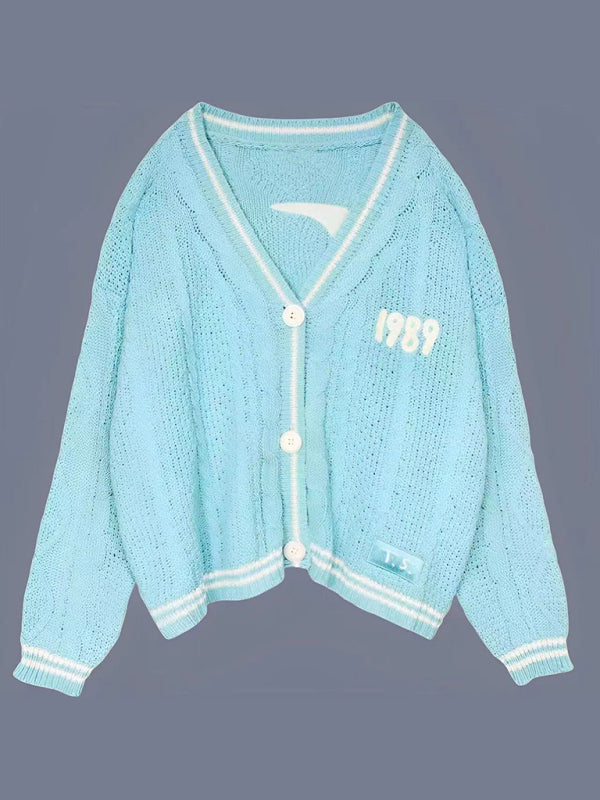 New embroidered bright color loose casual cardigan sweater-[Adult]-[Female]-Sky blue azure-S-2022 Online Blue Zone Planet