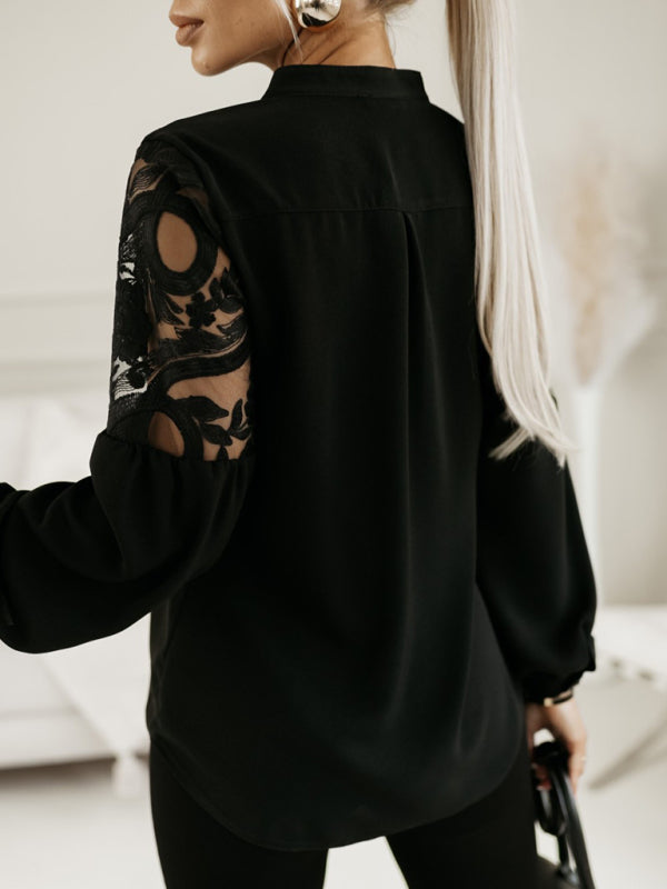 Women's new solid color lace patchwork shirt-[Adult]-[Female]-2022 Online Blue Zone Planet