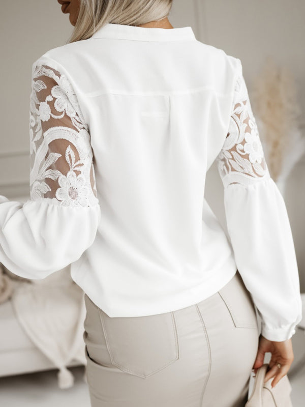 Women's new solid color lace patchwork shirt-[Adult]-[Female]-2022 Online Blue Zone Planet
