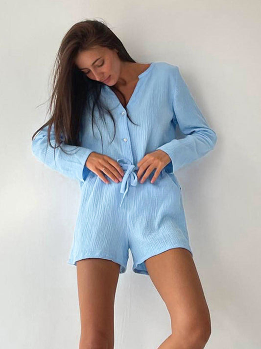 Long sleeve shorts suit outer wear loose women's home clothes-TOPS / DRESSES-[Adult]-[Female]-Blue-S-2022 Online Blue Zone Planet
