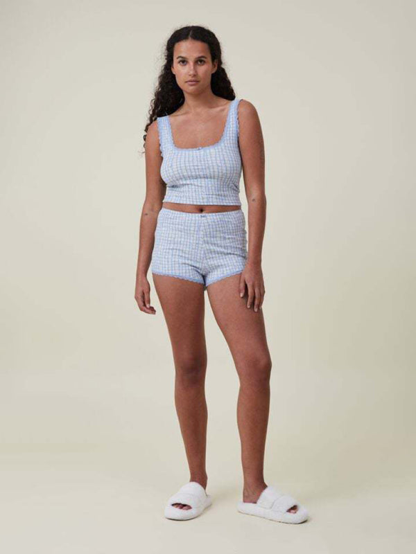 Blue Zone Planet |  Women's lace print pullover midriff-baring tank top shorts set kakaclo