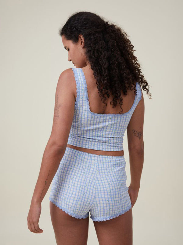 Blue Zone Planet |  Women's lace print pullover midriff-baring tank top shorts set kakaclo