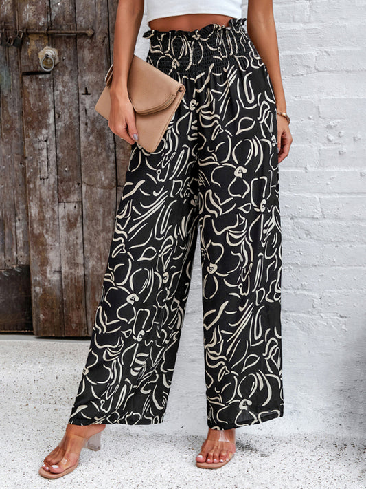 Blue Zone Planet | Laura's elegant geometric print loose trousers-BOTTOMS SIZES SMALL MEDIUM LARGE-[Adult]-[Female]-Black-S-2022 Online Blue Zone Planet