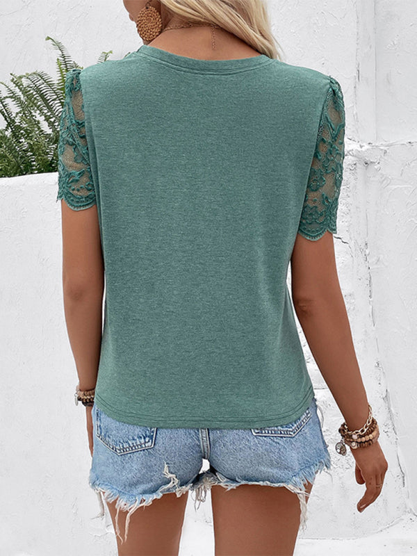 Women's round neck sleeves patchwork lace knotted T-shirt-[Adult]-[Female]-2022 Online Blue Zone Planet
