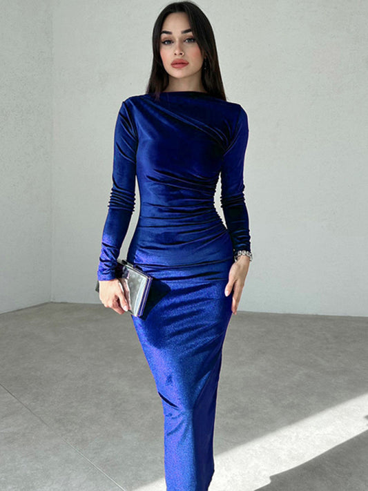 Anna's Pleated Round Neck Long Sleeve Bodycon Midi Dress-TOPS / DRESSES-[Adult]-[Female]-Blue-S-2022 Online Blue Zone Planet