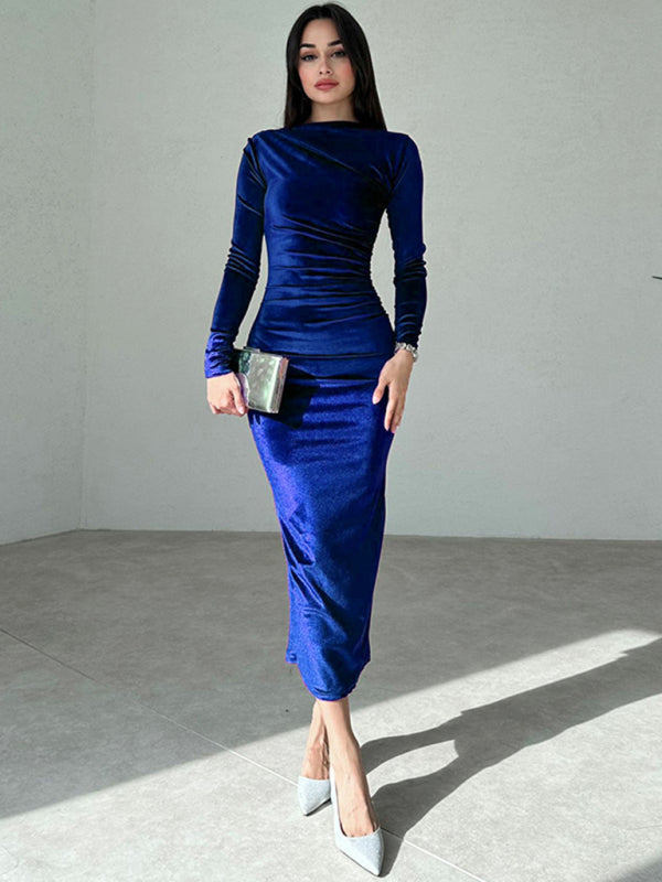 Anna's Pleated Round Neck Long Sleeve Bodycon Midi Dress-TOPS / DRESSES-[Adult]-[Female]-2022 Online Blue Zone Planet