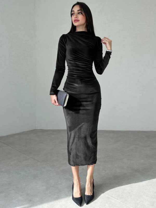 Blue Zone Planet | Anna's Pleated Round Neck Long Sleeve Bodycon Midi Green / L by Blue Zone Planet Blue Zone Planet | Anna's Pleated Round Neck Long Sleeve Bodycon Midi Green / L by Blue Zone Planet