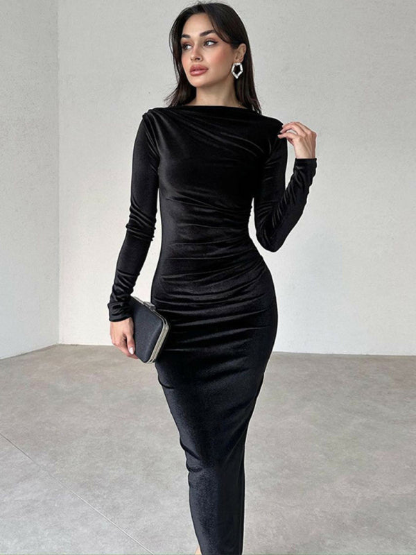 Anna's Pleated Round Neck Long Sleeve Bodycon Midi Dress-TOPS / DRESSES-[Adult]-[Female]-Black-S-2022 Online Blue Zone Planet