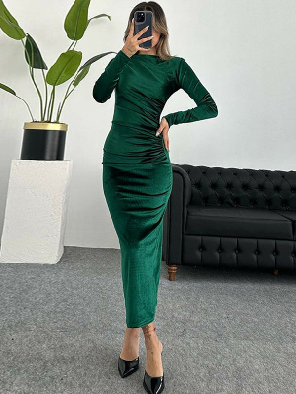 Blue Zone Planet | Anna's Pleated Round Neck Long Sleeve Bodycon Midi Green / L by Blue Zone Planet Blue Zone Planet | Anna's Pleated Round Neck Long Sleeve Bodycon Midi Green / L by Blue Zone Planet