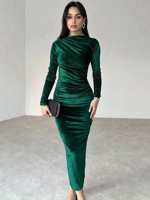 Anna's Pleated Round Neck Long Sleeve Bodycon Midi Dress-TOPS / DRESSES-[Adult]-[Female]-Green-S-2022 Online Blue Zone Planet