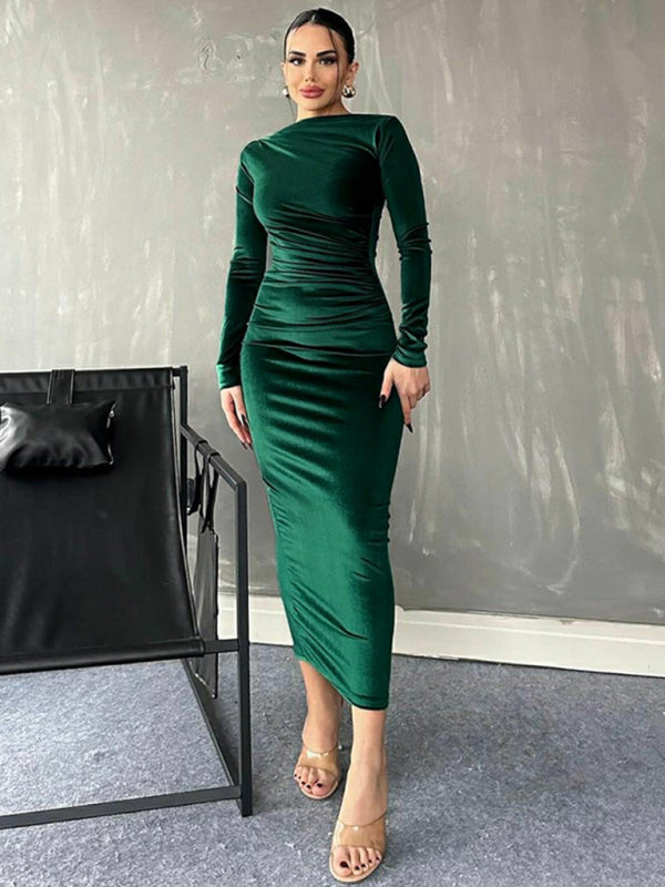 Anna's Pleated Round Neck Long Sleeve Bodycon Midi Dress-TOPS / DRESSES-[Adult]-[Female]-2022 Online Blue Zone Planet