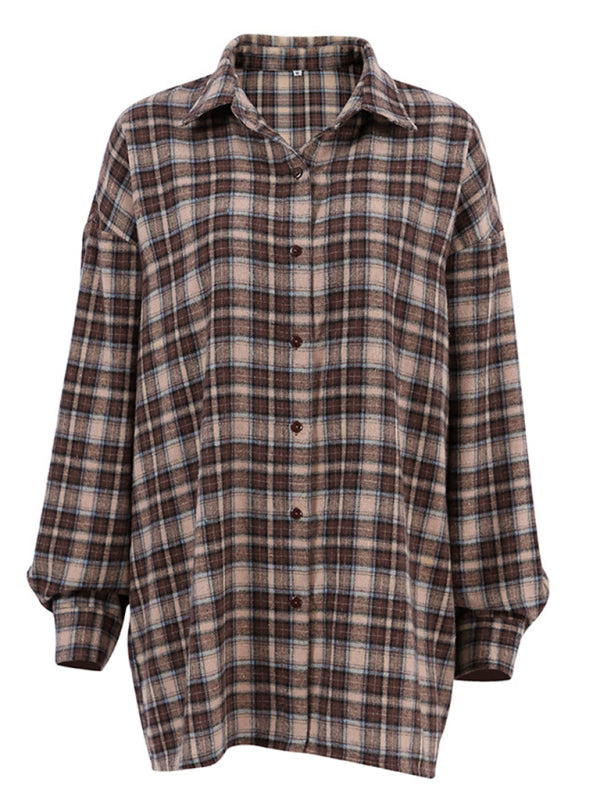 Women's New Retro Contrast Color Plaid Shirt-[Adult]-[Female]-2022 Online Blue Zone Planet