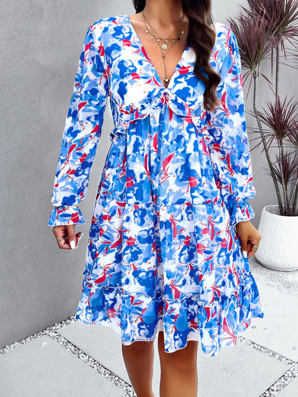 Blue Zone Planet | Lilly's floral printed V-neck long-sleeved knee-length dress-TOPS / DRESSES-[Adult]-[Female]-2022 Online Blue Zone Planet