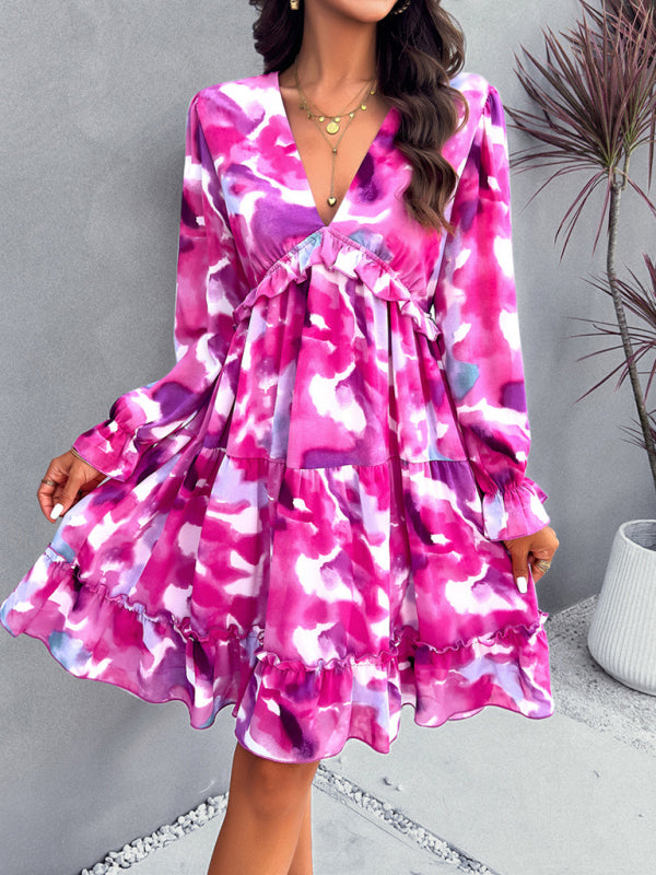 Blue Zone Planet | Lilly's floral printed V-neck long-sleeved knee-length dress-TOPS / DRESSES-[Adult]-[Female]-Rose-S-2022 Online Blue Zone Planet