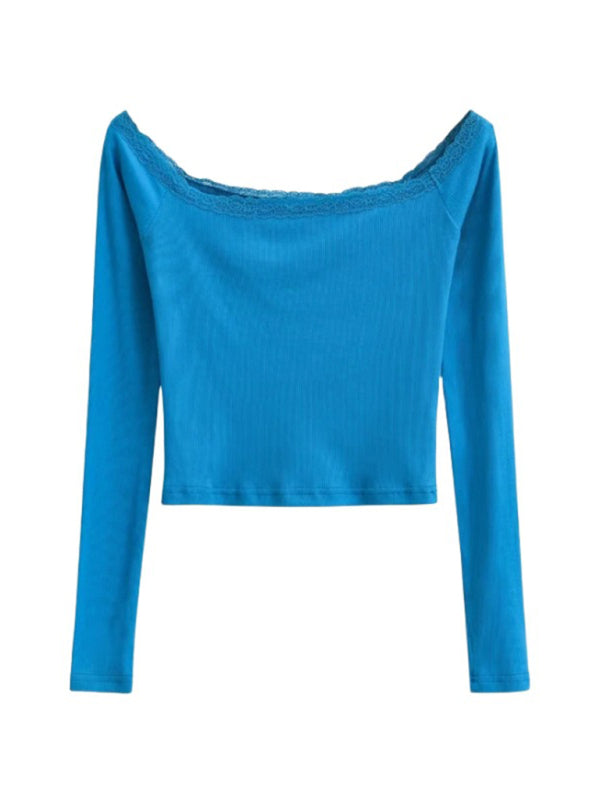 Women's bateau neck lace patchwork long-sleeved T-shirt-[Adult]-[Female]-Blue-S-2022 Online Blue Zone Planet