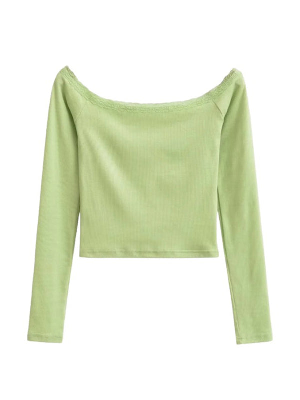Women's bateau neck lace patchwork long-sleeved T-shirt-[Adult]-[Female]-Green-S-2022 Online Blue Zone Planet
