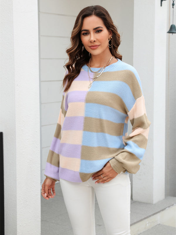 Women's patchwork striped contrasting crew neck sweater pullover-[Adult]-[Female]-2022 Online Blue Zone Planet