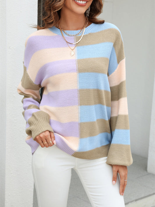 Women's patchwork striped contrasting crew neck sweater pullover-[Adult]-[Female]-Khaki-S-2022 Online Blue Zone Planet
