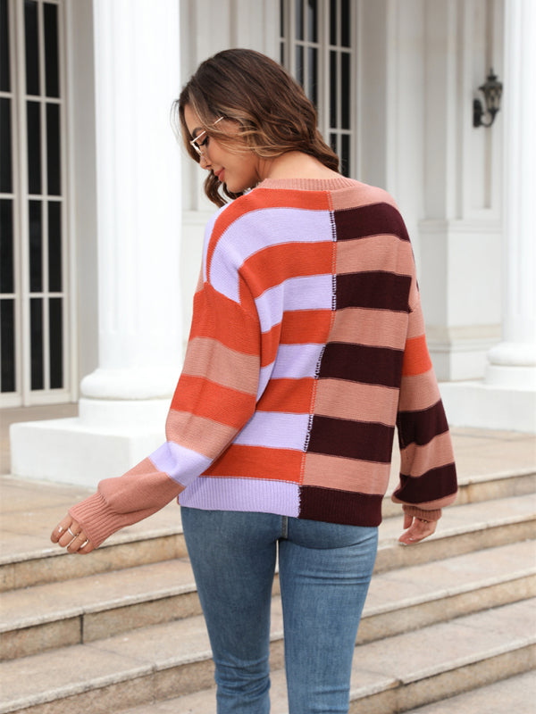 Women's patchwork striped contrasting crew neck sweater pullover-[Adult]-[Female]-2022 Online Blue Zone Planet