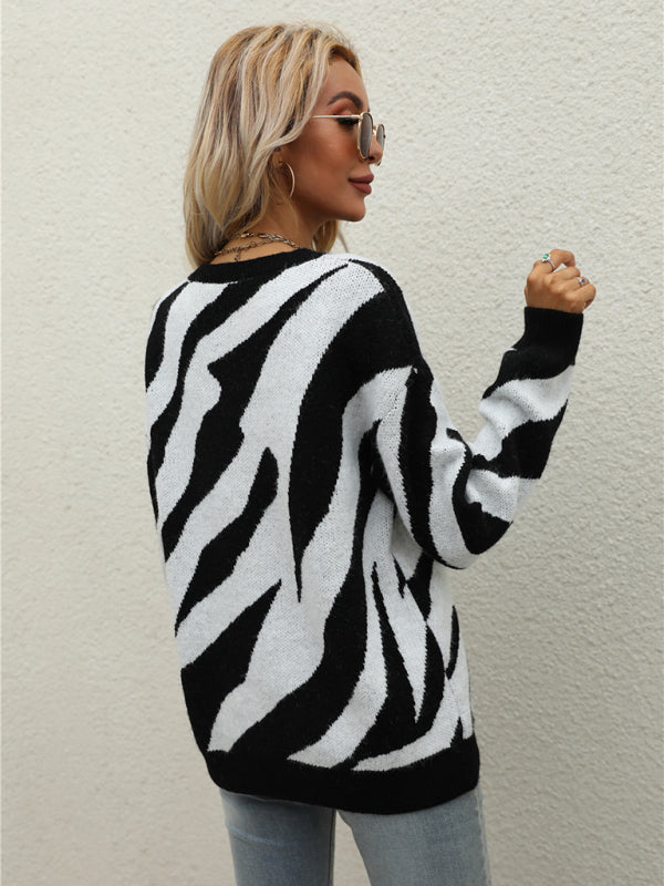 Ingrid's Striped Fashionable Knitted Pullover Sweater-TOPS / DRESSES-[Adult]-[Female]-2022 Online Blue Zone Planet