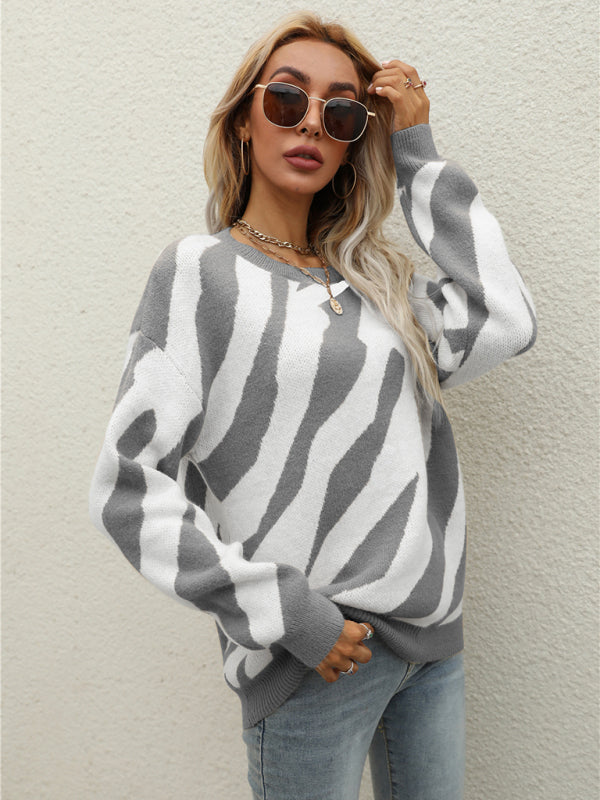 Ingrid's Striped Fashionable Knitted Pullover Sweater-TOPS / DRESSES-[Adult]-[Female]-Grey-S-2022 Online Blue Zone Planet