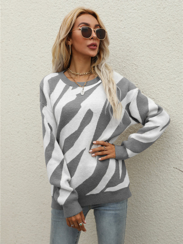 Ingrid's Striped Fashionable Knitted Pullover Sweater-TOPS / DRESSES-[Adult]-[Female]-2022 Online Blue Zone Planet