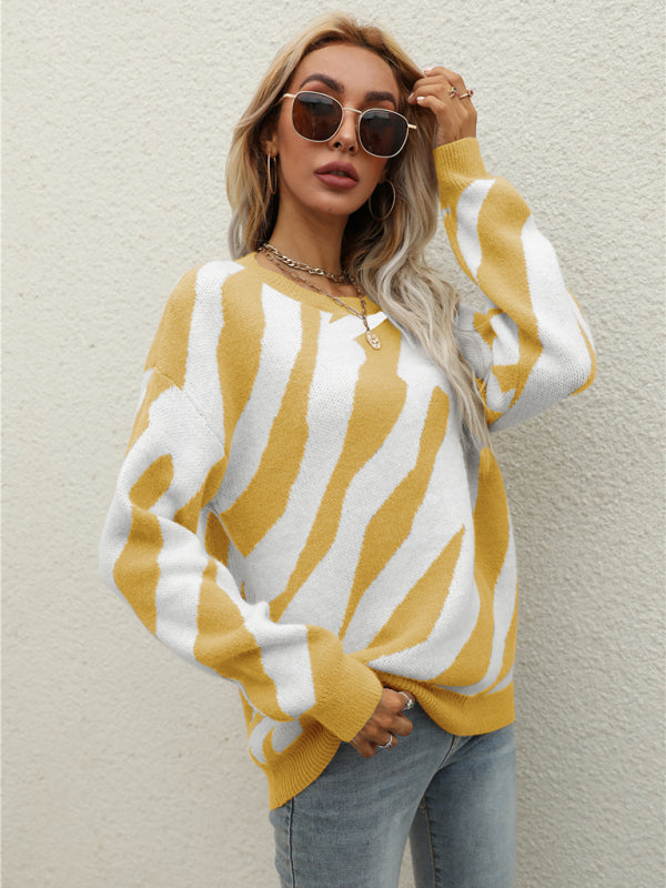 Ingrid's Striped Fashionable Knitted Pullover Sweater-TOPS / DRESSES-[Adult]-[Female]-2022 Online Blue Zone Planet