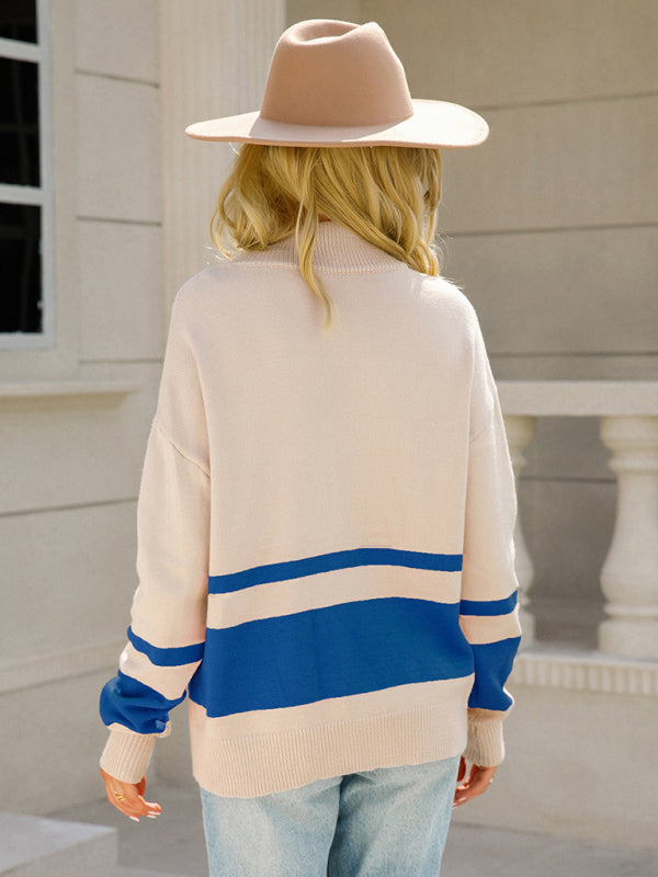 Blue Zone Planet | striped zipper stand collar pullover sweater-TOPS / DRESSES-[Adult]-[Female]-2022 Online Blue Zone Planet