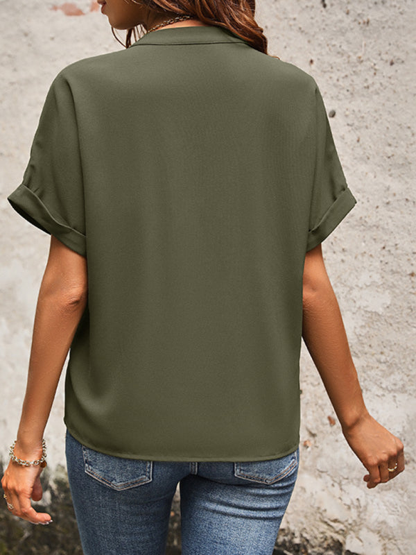 New solid color v-neck elegant commuter shirt with pockets-[Adult]-[Female]-2022 Online Blue Zone Planet